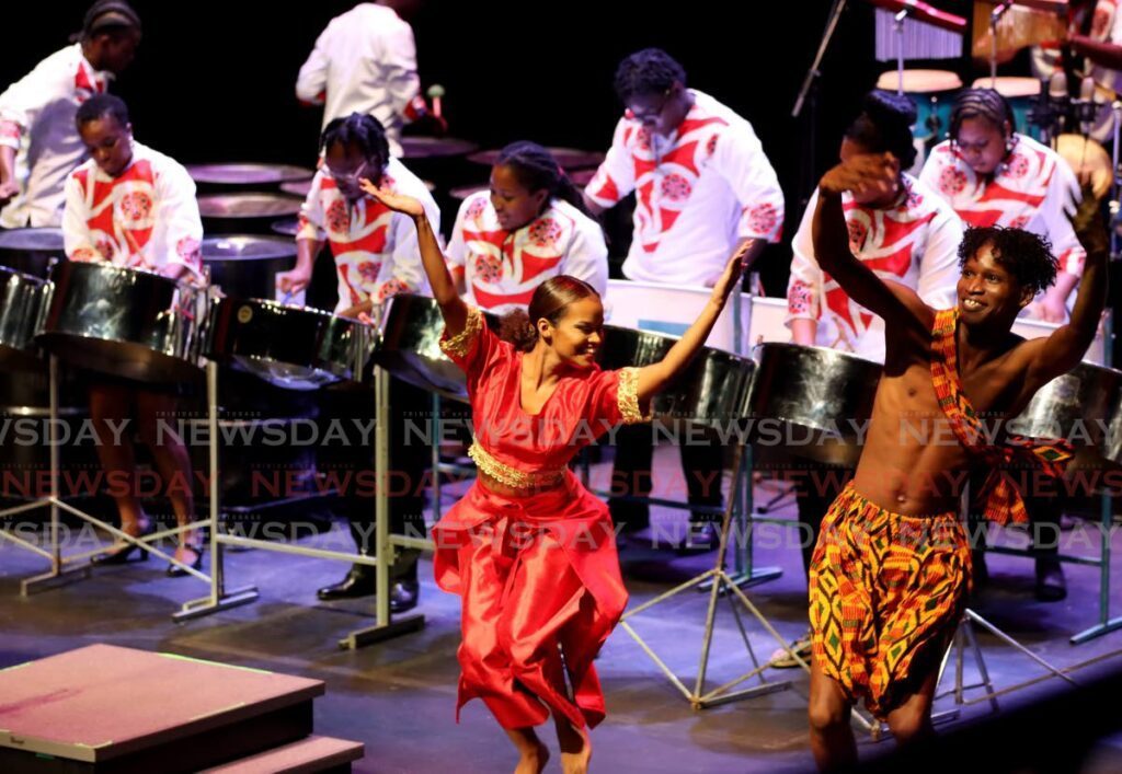 Dancers accompany Alpha Pan Pioneers Steel Orchestra for their test performance of Oil and Music during the Steelpan is More Beautiful National Steelband Music Festival at Queen's Hall, St Ann's on August 17. - Photo by Ayanna Kinsale