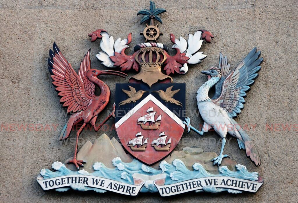 The national coat of arms at the Eric Williams Financial Complex, Port of Spain, on August 20. - Photo by Ayanna Kinsale 