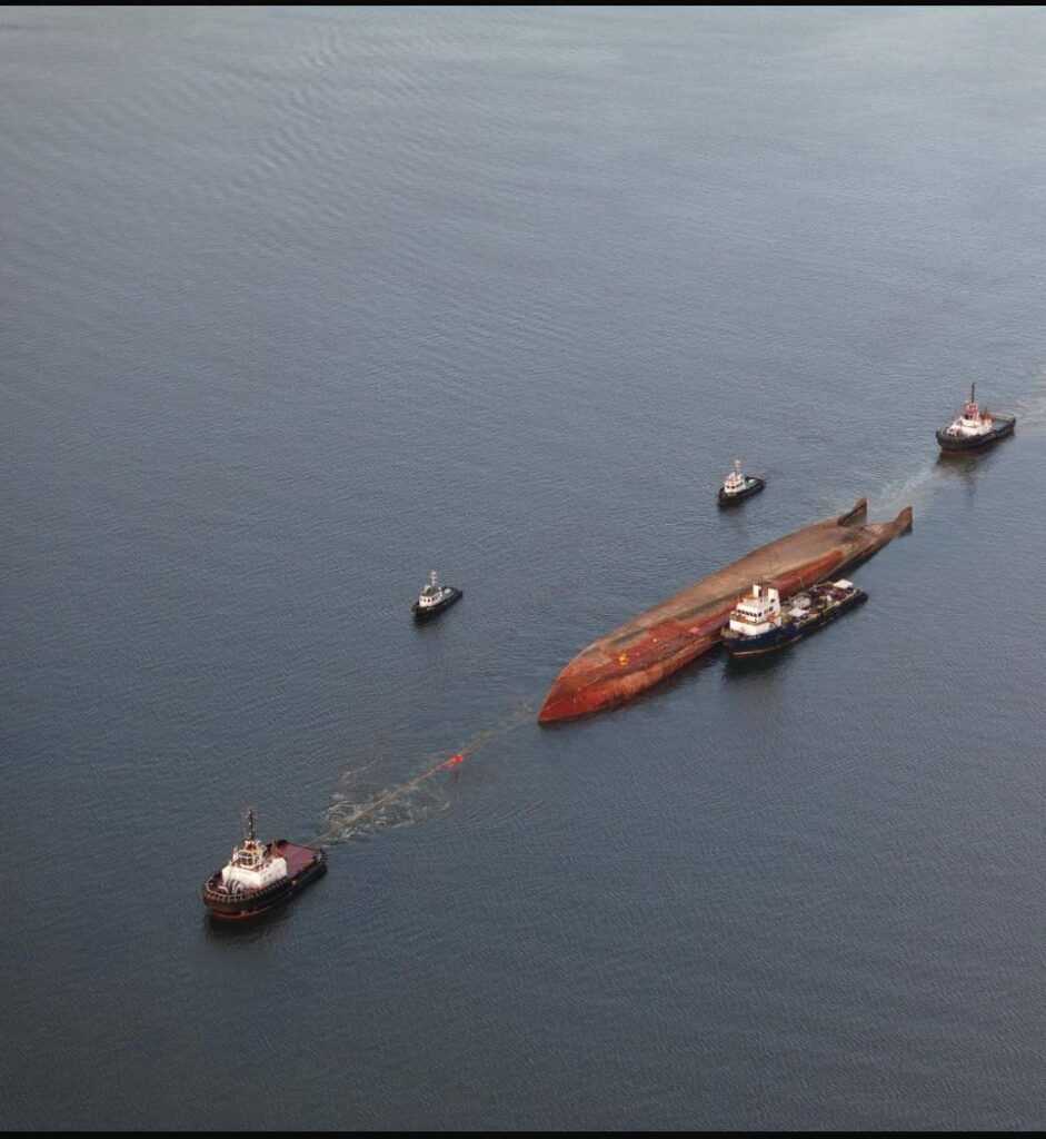 The Gulfstream barge being towed to Trinidad from Cove, Tobago. -Photo courtesy MEEI 