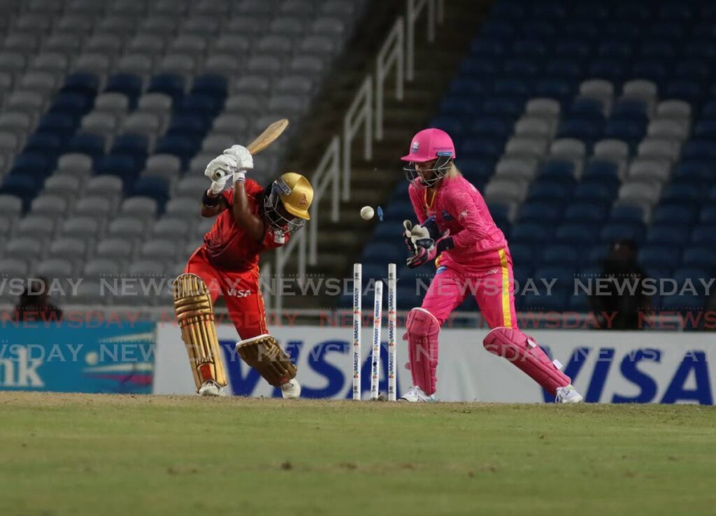 Trinbago Knight Riders (TKR) batter Zaida James is bowled by Hayley Matthews during the Massy Women's CPL match between TKR and Barbados Royals at Brian Lara Cricket Academy, Tarouba on August 22. - Photo by Ayanna Kinsale 