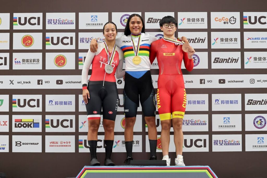 TT cyclist Makaira Wallace, left, stands on the podium after grabbing a silver medal in the women's 500-metre time trial at the 2024 UCI Junior Track World Championships in Luoyang, China on August 24. - Photo courtesy UCI's Facebook page