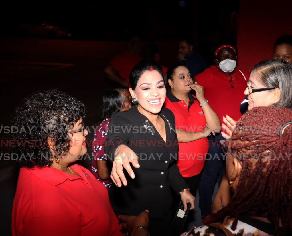 Renuka Sagramsingh-Sooklal, a PNM prospective candidate for St Augustine in the next general election, greets supporters at the party’s screening at the Balisier House on Melville Lane, Port of Spain, on August 26. - Photo by Faith Ayoung