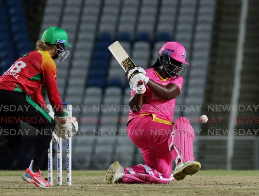 Barbados Royals batter Qiana Joseph attempts to play a shot against Guyana Amazon Warriors during the Massy Women’s CPL match at the Brian Lara Cricket Academy, Tarouba on August 27.  
 - Photo by Ayanna Kinsale