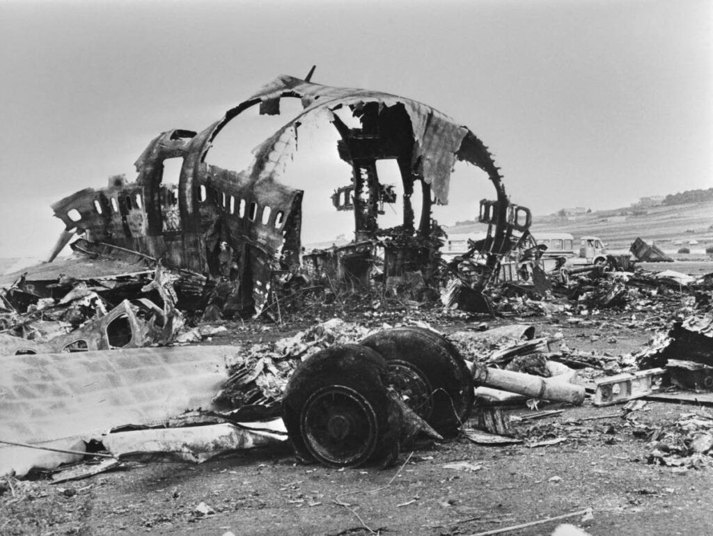 Wreckage of the KLM aircraft on the runway at Tenerife on March 27, 1977.- Photo courtesy Ramesh Lutchmedial 