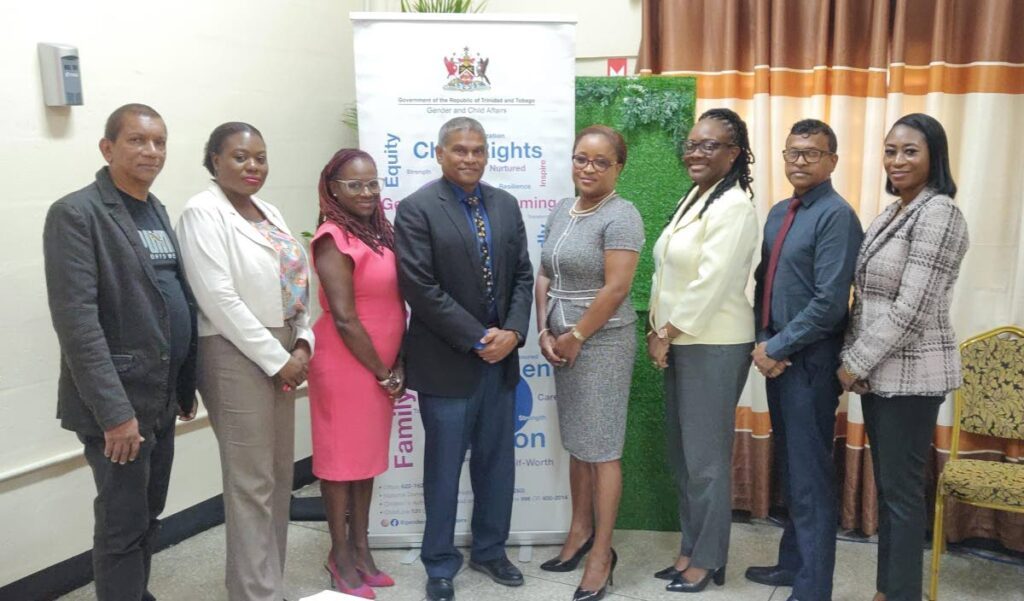 Ag permanent secretary Office of the Prime Minister, Gender and Chid Affairs Vijay Gangapersad, fourth from left, congratulates members of the newly appointed 13-member management committee of the St Jude’s School for Girls, on August 28 at the school in Diego Martin. From left, acting manager St Jude’s School for Girls Deoraj Sookdeo, Irma Bailey-Reyes, Dr Ayinka Nurse-Carrington, committee chair Dr Talia R Esnard,  Anuola Cox-Olubode, Cyril Barran and Karen Robley. - 