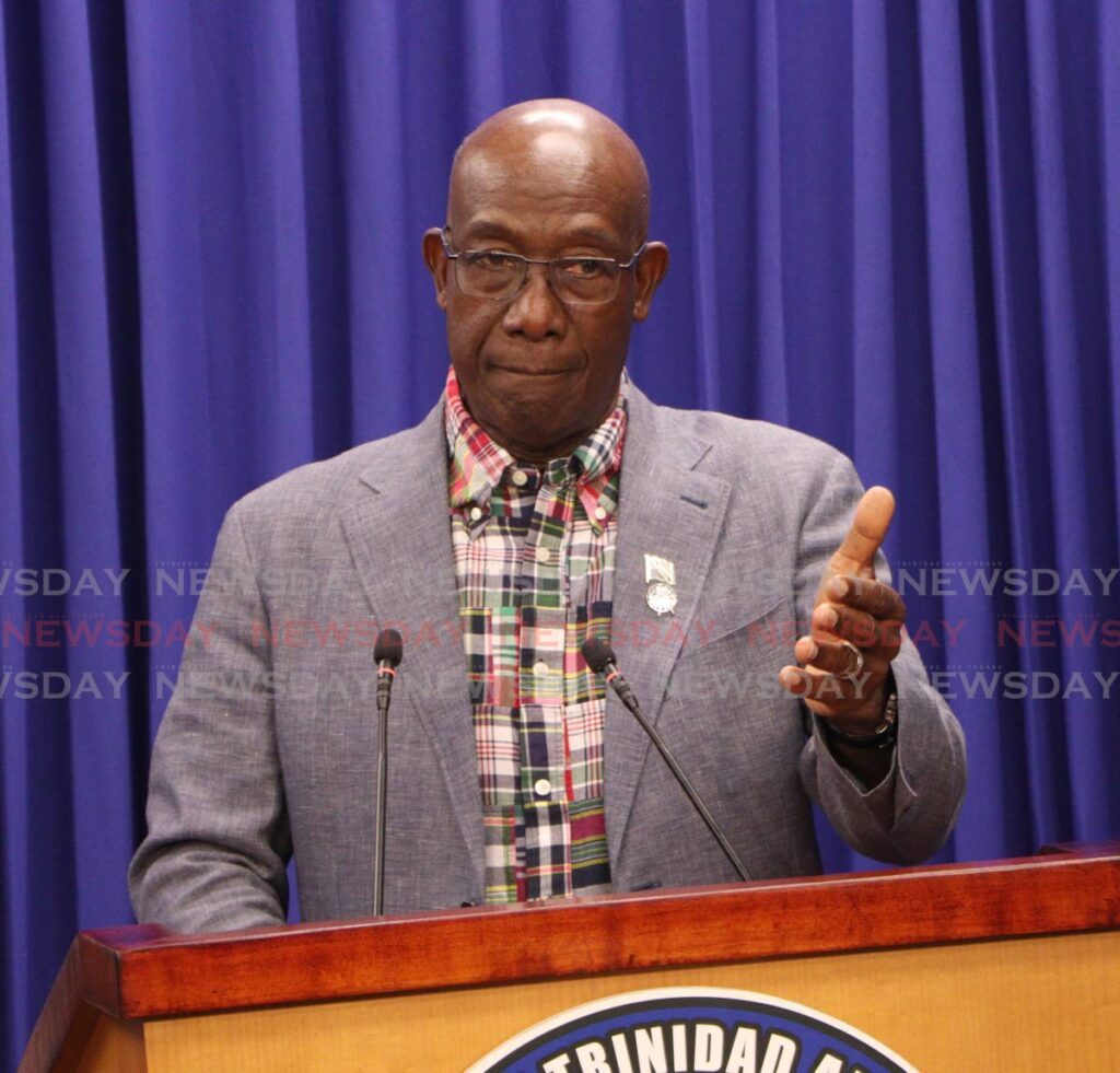 The Prime Minister speaks to the media at post cabinet briefing, White Hall, Queen's Park West, Port of Spain on Wednesday. - Angelo Marcelle