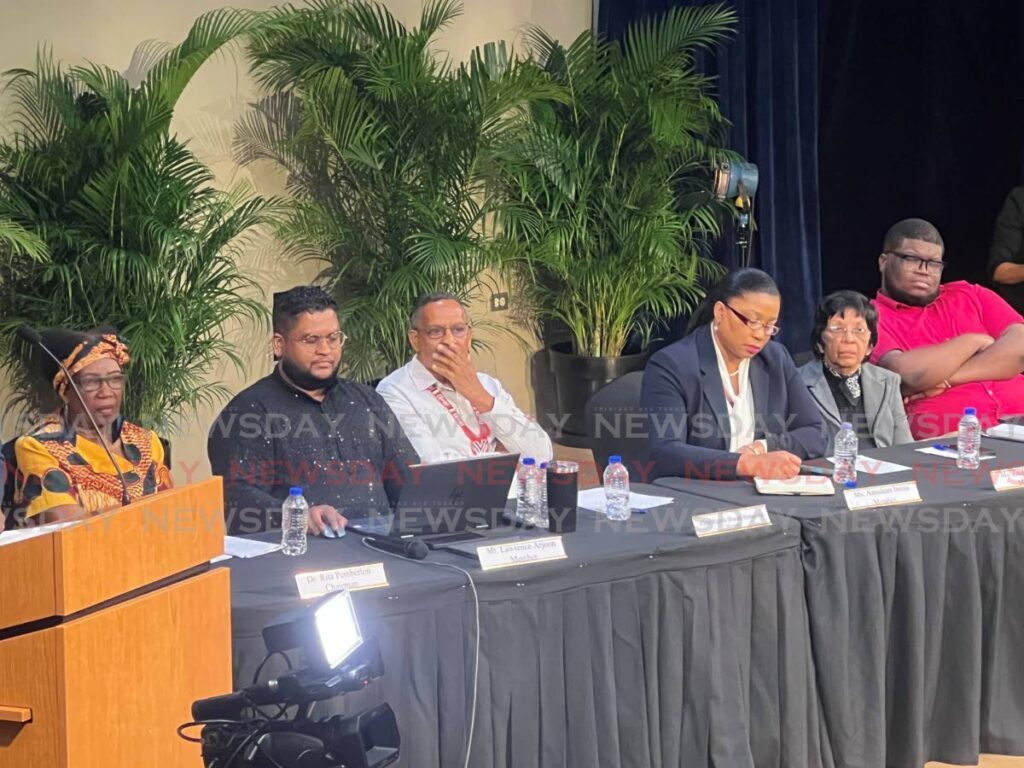 Members of the Cabinet-appointed committee to review the placement of statues, monuments and signage, from left, Dr Rita Pemberton, Lawrence Arjoon, Chief Ricardo Bharath Hernandez, Annalean Inniss, Zaida Rajnauth and Kobe Sandy. - Enrique Rupert