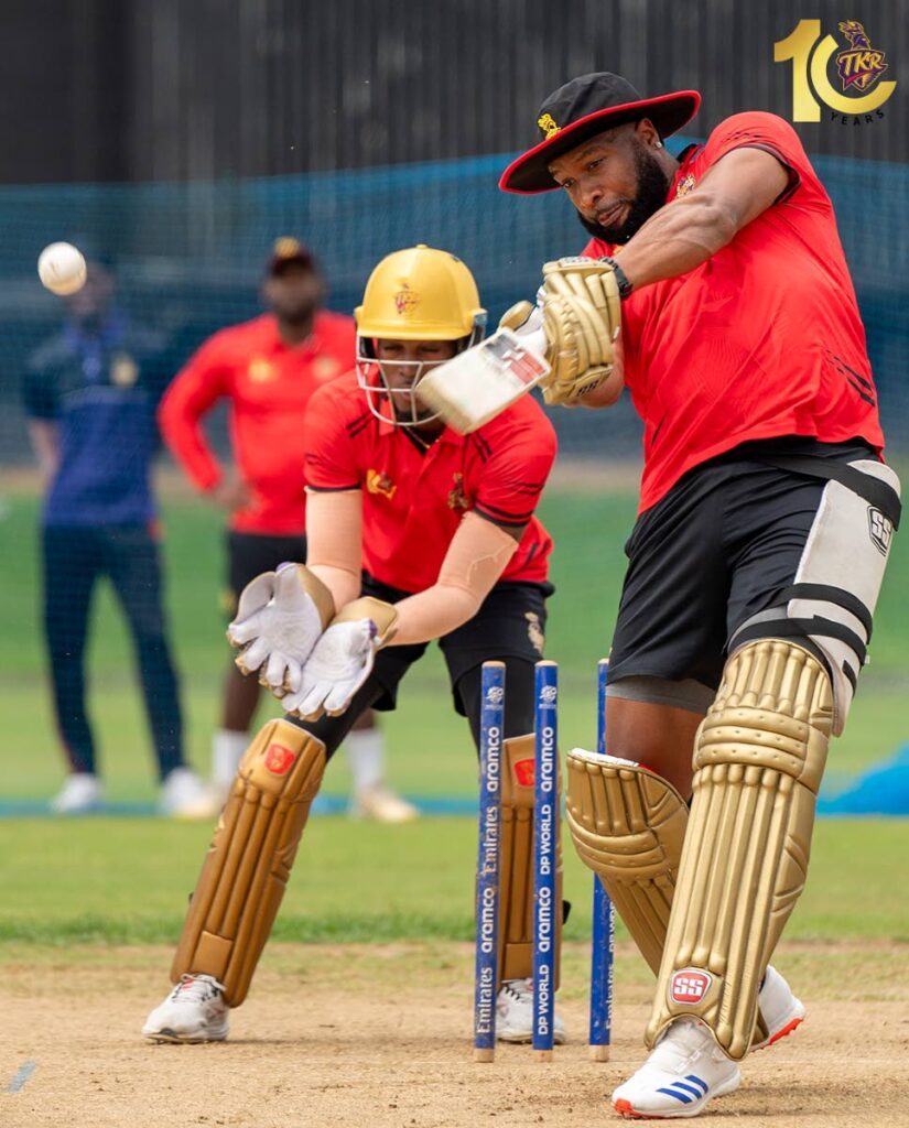 Trinbago Knight Riders captain Kieron Pollard bats at a recent practice session. - TKR