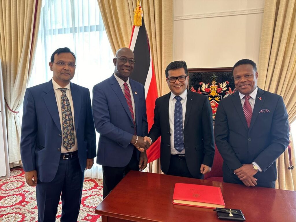 Indian Minister of State for External Affairs Pabitra Margherita, second right, greets Prime Minister Dr Keith Rowley at the Diplomatic Centre in St Ann's during his official visit to TT on August 23. Looking on are Foreign Affairs Minister Dr Amery Browne, right, and Indian High Commissioner Dr Pradeep Rajpurohit. - Photo courtesy the Indian High Commission