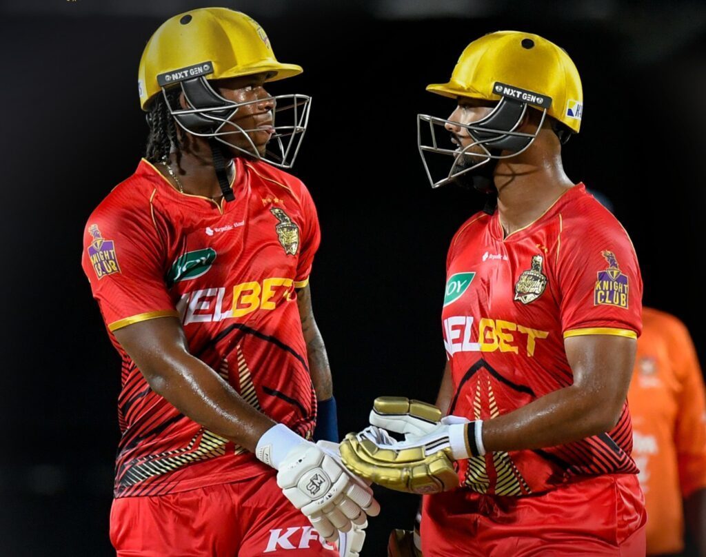 TKR batters Nicholas Pooran, right, and Keacy Carty dismantled St Kitts and Nevis Patriots at Warner Park, St Kitts on August 31. - Photo courtesy TKR