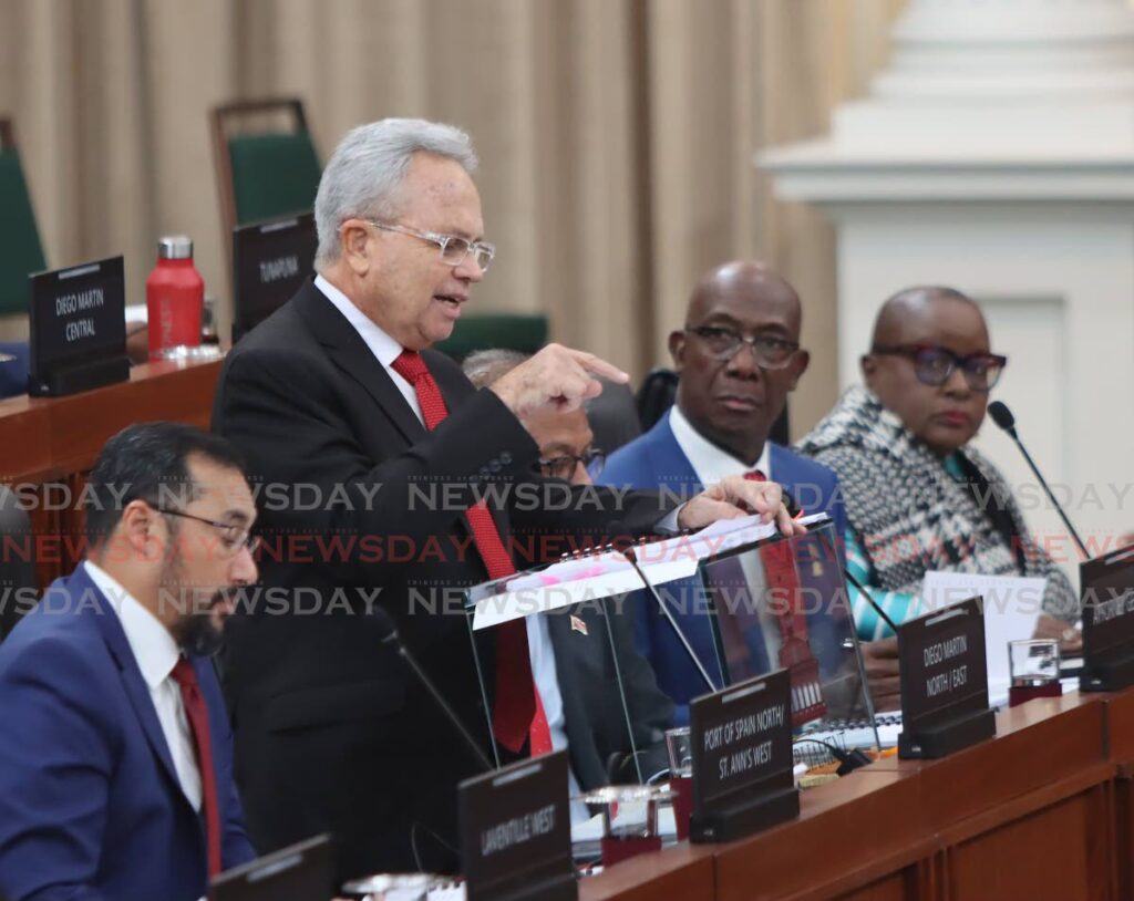 Finance Minister delivers the 2023/2024 budget, alongside from left, Energy Minister Stuart Young, Prime Minister Dr Keith Rowley and Housing Minister Camille Robinson-Regis on October 2, 2023. Imbert will present the 2024/2025 budget on September 30. - File photo by Angelo Marcelle