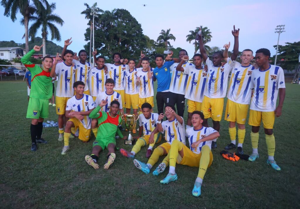 Fatima college players celebrate their 2023 SSFL Premiership title after defeating Naparima College 2-1 during the SSFL Premiership at Naparima grounds on October 28, 2023 in San Fernando. - File photo by Daniel Prentice