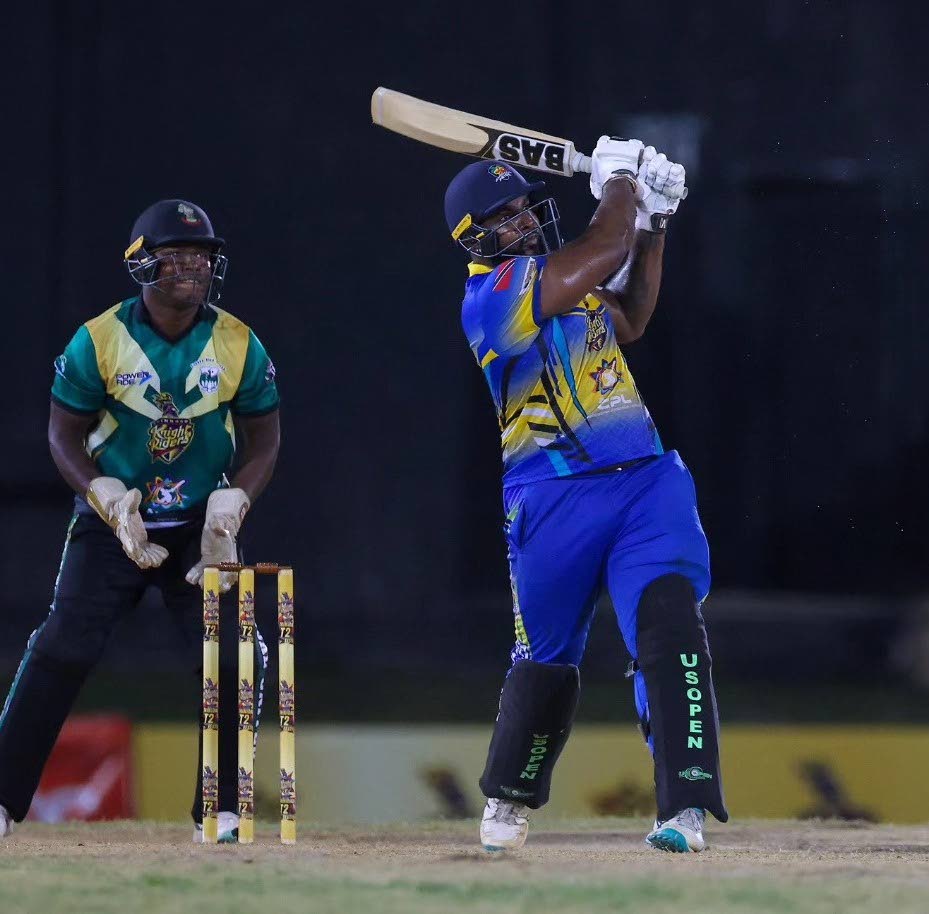 Central Sports allrounder Roshon Primus makes a big heave to the leg side in the 2024 TTCB T20 Festival semifinal versus Clarke Road United on May 3. Photo courtesy Red Force Cricket - 