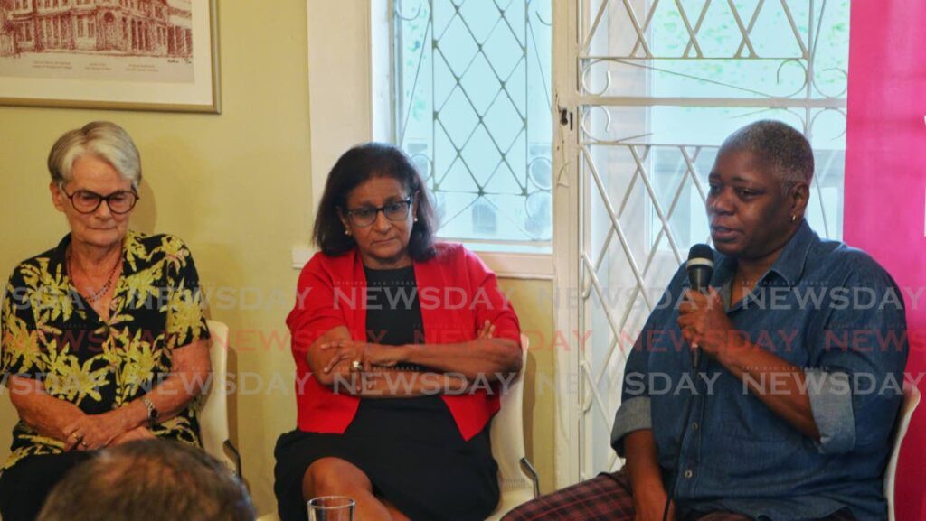 From left, historian Prof Emerita Bridget Brereton, Independent Senator  Sunity Maharaj and facilitator Franka Phillip speak at a discussion entitled Big Ideas: Politics and the People at the Writers Centre in St Clair, Port of Spain on August 25. - Photo by Venessa Mohammed