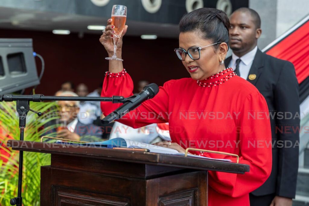 President Christine Kangaloo raises a glass during her toast to the nation during Independence Day celebrations at the National Academy of the Performing Arts, Port of Spain on August 31. - Photo by Jeff K Mayers