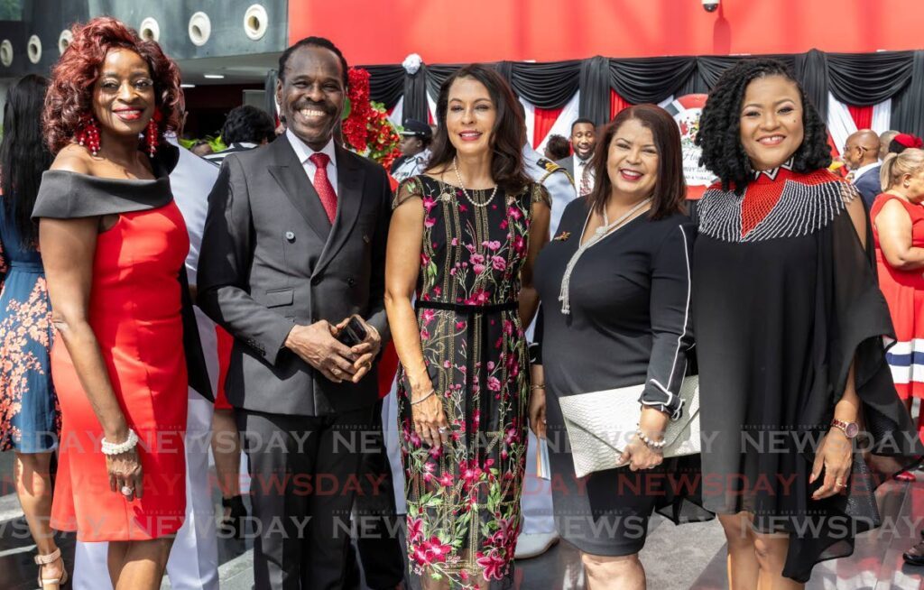 From left, Minister of Social Development and Family Services Donna Cox, Minister of National Security Fitzgerald Hinds, US Ambassador Candace Bond, attorney and CWI director Debra Coryat-Patton and Minister of Education Nyan Gadsby-Dolly at the National Academy for Performing Arts for the President's Independence Day toast to the nation on August 31. - Photo by Jeff K Mayers