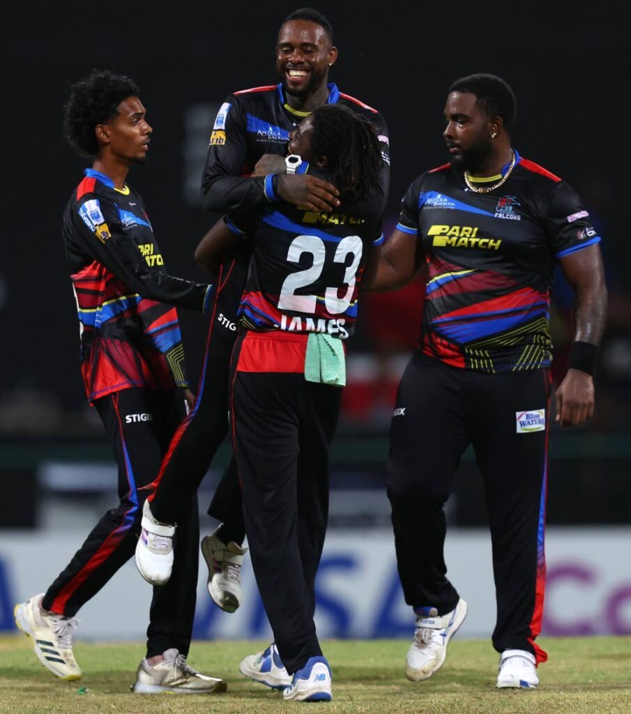 Antigua and Barbuda allrounder Fabian Allen (second from left) is lifted by teammate Kofi James during their 2024 Republic Bank CPL match versus Trinbago Knight Riders at the Sir Vivian Richards Stadium, North Sound, Antigua on September 5. - Photo courtesy CPL via Getty Images.  