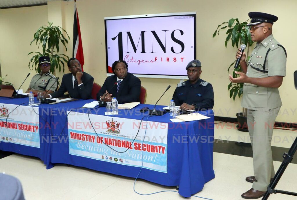 From left, Commissioner of Police Erla Harewood-Christopher, Minister of National Security Fitzgerald Hinds, Minister in the Ministry of National Security (in charge of policing) Keith Scotland, Chief of Defence Staff Darryl Daniel and Superintendent Richard Smith at a media briefing hosted by the Ministry of National Security, at its Port of Spain head office on September 6. - Photo by Angelo Marcelle