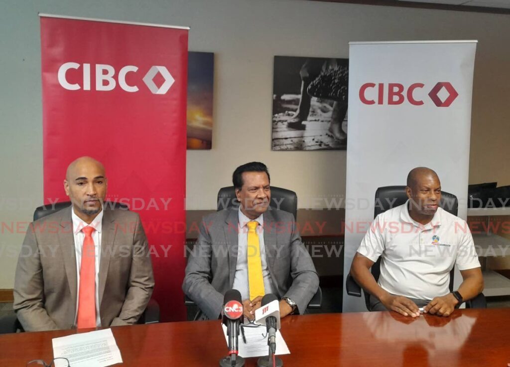 From left to right: TT Cancer Society chairman Robert Dumas, CIBC's Trinidad Operating Company manager Anthony Seeraj and Carib Isle Sports official Anthony Stroud at the 2024 launch of the CIBC Caribbean's Walk for the Cure and 5K at CIBC Caribbean, Long Circular Road, Maraval on September 10. Photo by Roneil Walcott.  - 