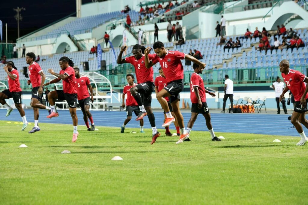 TT players warm up ahead of the Concacaf Nations League match against French Guiana, on September 10, at the Dwight Yorke Stadium, Bacolet, Tobago. - TTFA Media