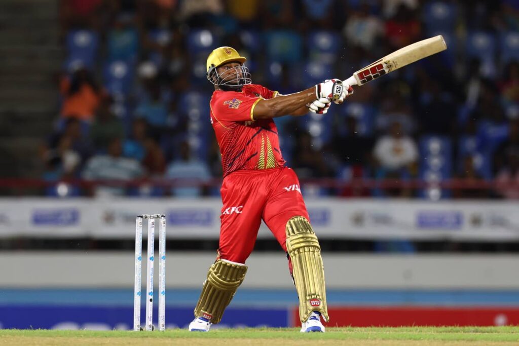 In this photo taken on September 10, TKR captain Kieron Pollard plays a shot during the 2024 Republic Bank Caribbean Premier League match against St Lucia Kings at Daren Sammy National Cricket Stadium.  - 