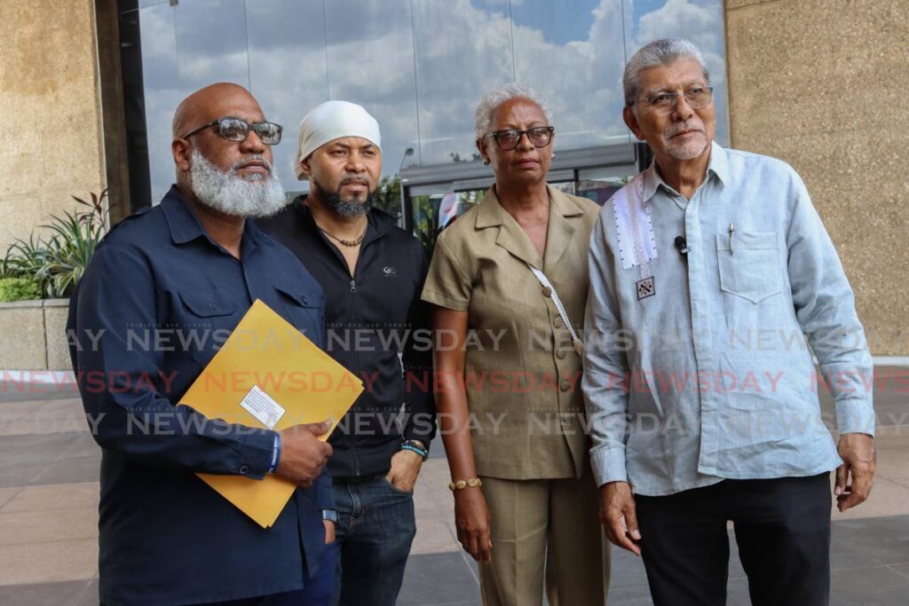 Members of the People's Roundtable at a media briefing outside the Eric Williams Financial Complex, Port of Spain on September 12. From left, JTUM general secretary Ozzie Warwick, Artists Coalition head Rubadiri Victor, Network of Women's NGOs head Carol Noel and the People's Roundtable convenor and MSJ political leader David Abdulah. - Photo by Gabriel Williams