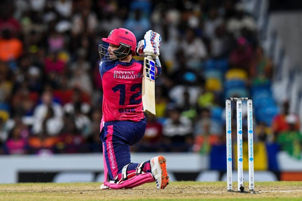 Barbados Royals opener Quinton de Kock hits a six during the 2024 Republic Bank CPL match against Guyana Amazon Warriors at Kensington Oval in Barbados on September 14. Photo courtesy Randy Brooks/CPL T20 via Getty Images.  - 