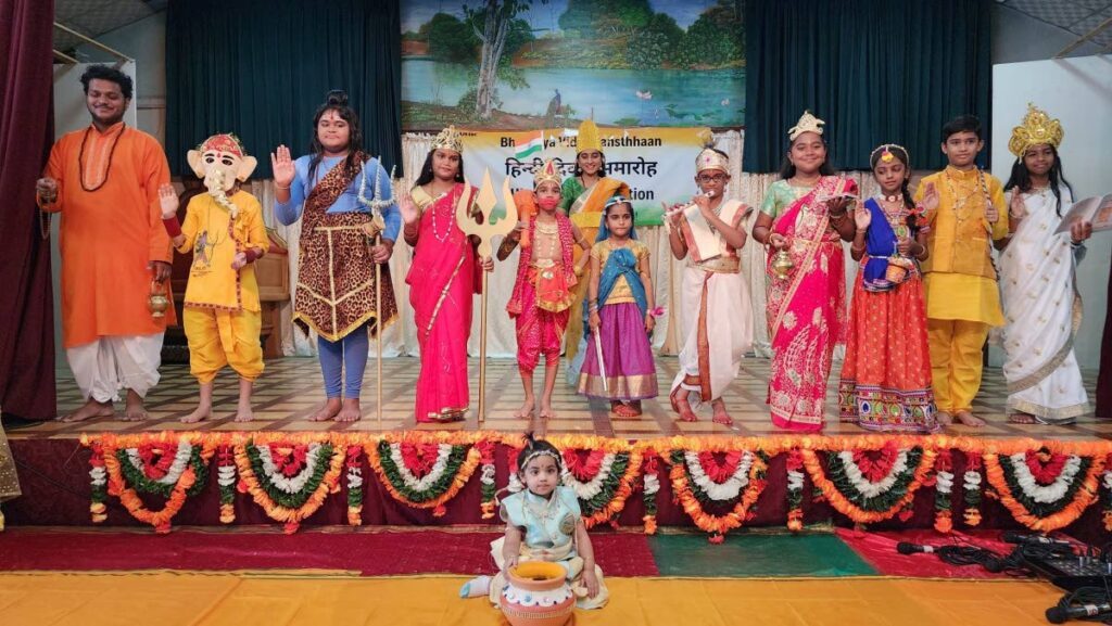 Children representing the gods and goddesses participate in the World Hindi Day event put on by the Bharatiya Vidya Sansthhaan. - 