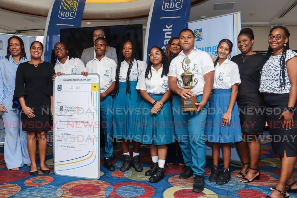 Teachers and students of Manzanilla Secondary School receive the first-place award at the RBC Young Leaders Programme closing ceremony at the Trinidad Hilton, Port of Spain on September 16. - Photo by Gabriel Williams