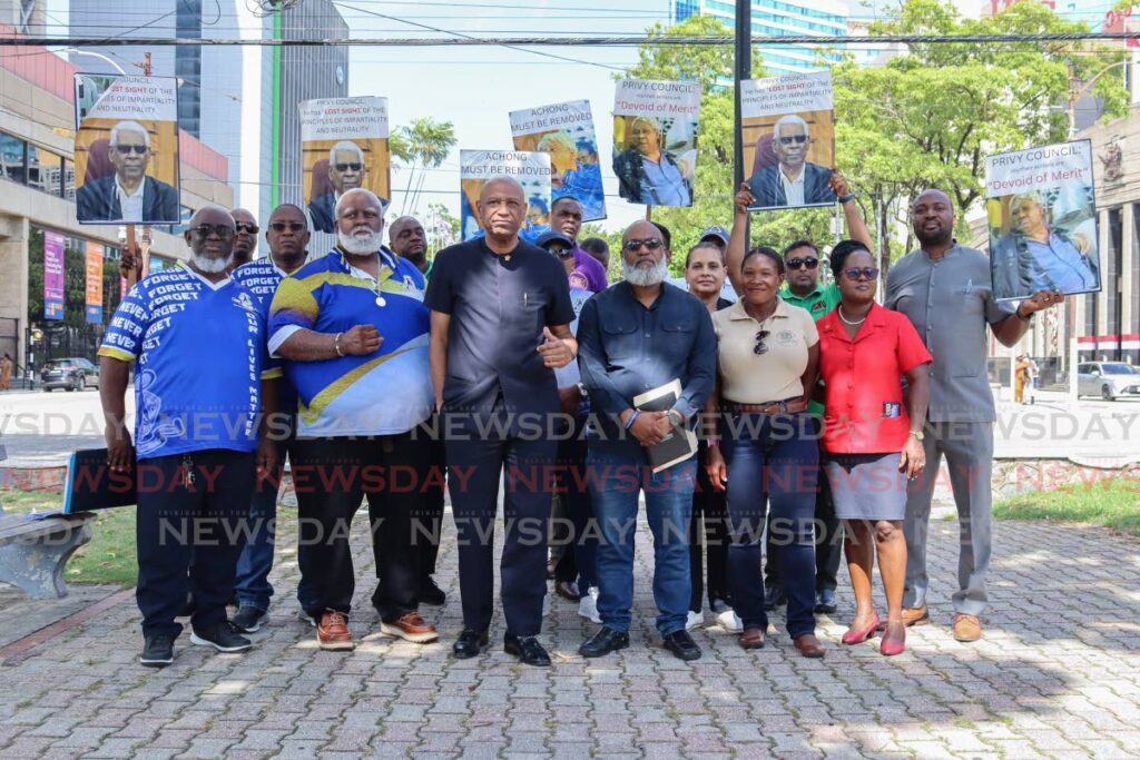 Members of the Joint Trade Union Movement (JTUM) host a media press conference at the Brian Lara Promenade, Port of Spain on September 17, 2024. - Photo by Gabriel Williams