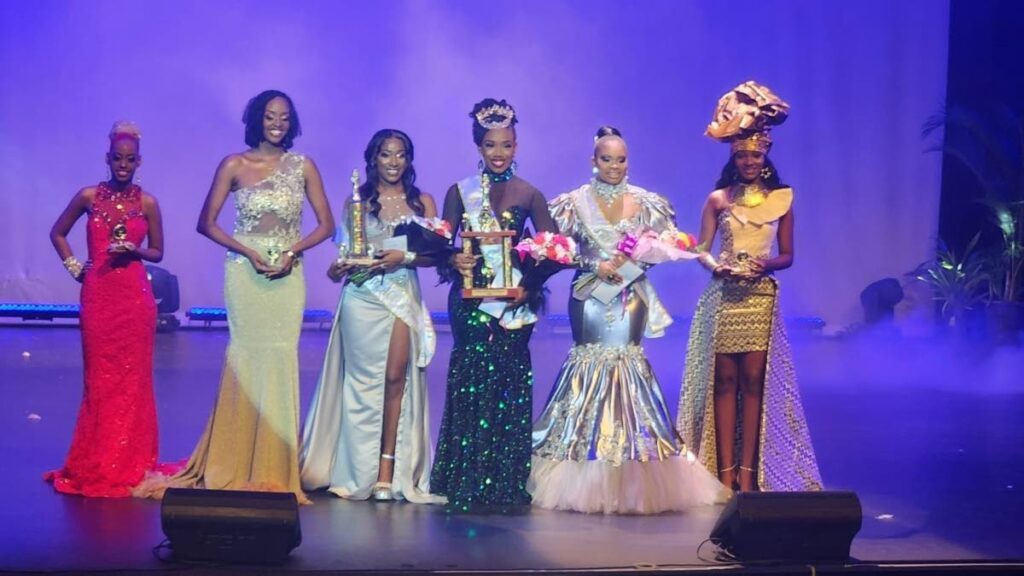 Queens of the Runway: India Ramlal, left, Kaleah Gabriel,  first runner-up Jimaya Burnett, winner Delece Rabathaly, second runner-up Kaila Fiddler and Faith  Grant on September 15 at the Naparima Bowl, San Fernando. - Photo by Yvonne Webb