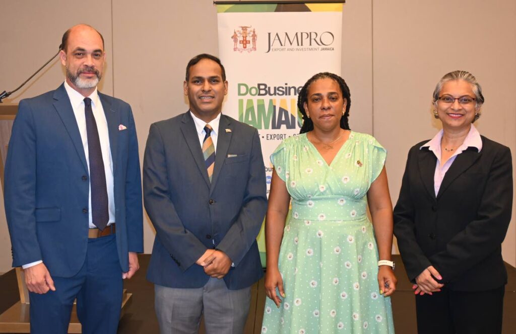 From left, Nicholas Sutherland, manager, new market development, Jamaica Promotions Corporation (JamPro); Randall Karim, Permanent Secretary, Ministry of Trade and Industry; Natalie Campbell-Rodrigues, High Commissioner of Jamaica to TT; and Ava Mahabir-Dass, Deputy Permanent Secretary, Ministry of Trade and Industry at a JamPro reception on September 17 at the Hyatt Regency Hotel, Port of Spain. - Photo courtesy Ministry of Trade and Industry