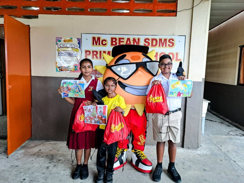 Anjali Madho, left, Sandhiya Ramlal-Donald and Rahul Pona, of Mc Bean Hindu School, pose with their winning entries in the Sunshine Snacks National Drawing Competition. - 