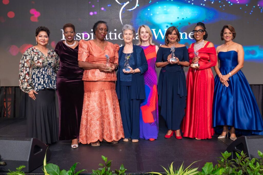 IWFTT Inspirational Women Awards committee member, Rani Lakhan-Narace, left; IWFTT president, Joanne Salazar; Inspirational Champion of Women Awardee, Deborah Christiana de Rosia; Inspirational Legacy Award, Rhonda Mary Maingot; IWF Global president, Carolyn Carter; Inspirational Advocate Award, Dr Judith Gobin; Inspirational Emerging Leader Award, Akosua Dardaine-Edwards; and IWA Committee chair, Anna-Maria Garcia-Brooks at the IWFTT Inspirational Women Awards Gala at the Hyatt Regency, Port of Spain on September 17.  - Photo courtesy IWFTT