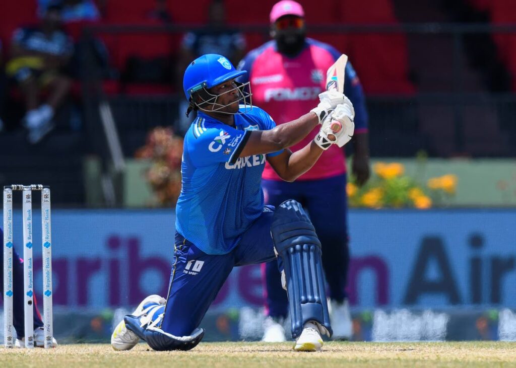 Johnson Charles of Saint Lucia Kings hits a six vs Barbados Royals during the Republic Bank Caribbean Premier League at Guyana National Stadium on September 22, in Providence, Guyana.  - CPL T20 via Getty Images