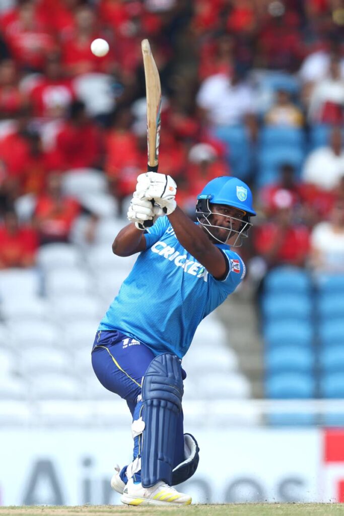 St Lucia Kings' Johnson Charles bats during the 2024 Republic Bank Caribbean Premier League match between Trinbago Knight Riders and St Lucia Kings at Brian Lara Cricket Academy on September 24, 2024 in Tarouba, Trinidad. - (CPL T20)