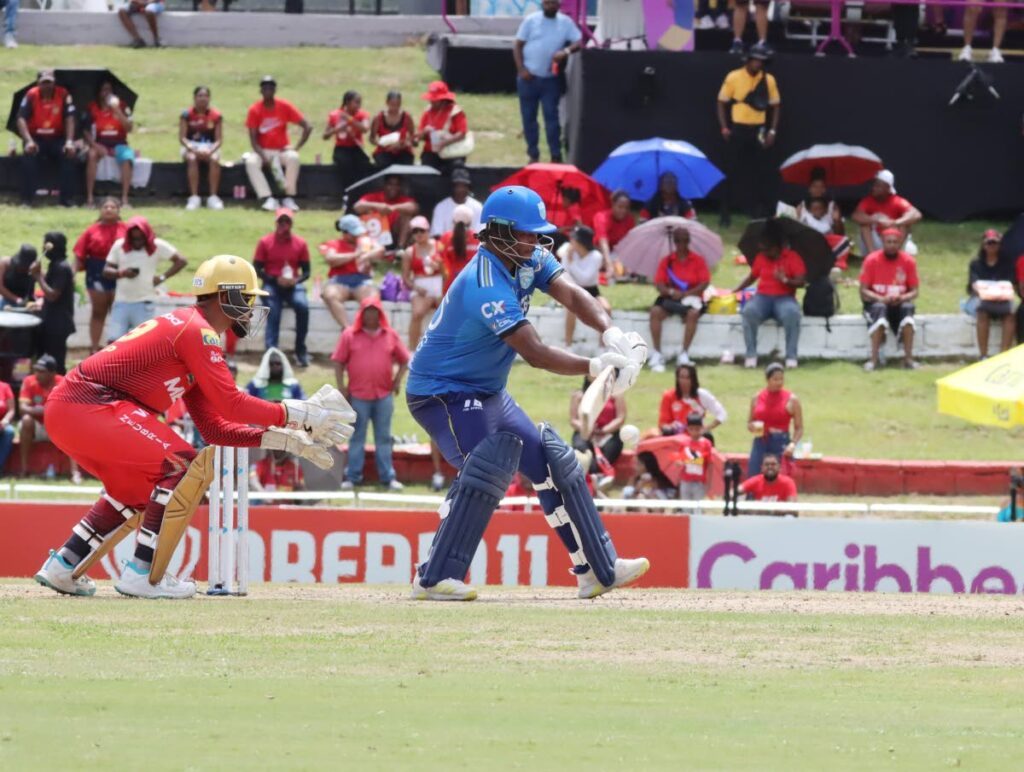 St Lucia Kings’ Johnson Charles plays a shot against the Trinbago Knight Riders during the Republic Bank Caribbean Premier League T20 match at the Brian Lara Cricket Academy, Tarouba, on September 24. - Photo by Ayanna Kinsale