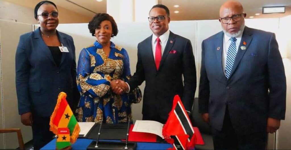 Minister of Foreign Affairs Dr Amery Browne (second from right) shakes hands with Shirley Ayorkor Botchwey, Ghana’s Minister of Foreign Affairs and Regional Integration, after signing the agreement for the Reciprocal Promotion and Protection of Investments between TT and Ghana on September 24 at the sidelines of the UN General Assembly in New York.
Photo courtesy Ministry of Foreign Affairs.  - 