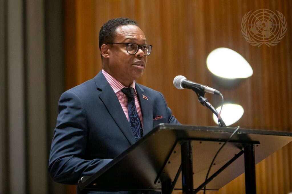 Foreign and Caricom Affairs Minister Dr Amery Browne speaking at the United Nations General Assembly earlier this week. PHOTO COURTESY UN GENERAL ASSEMBLY PRESS CORPS - 