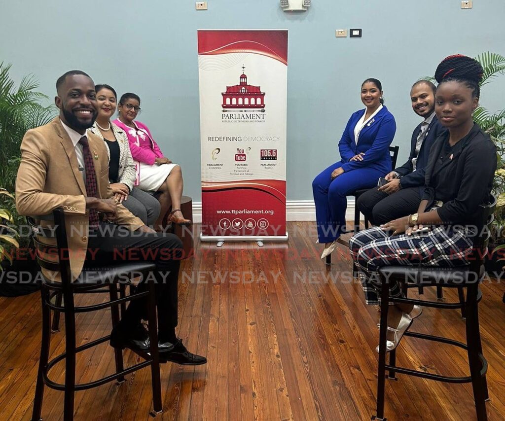 Independent Senator Sunity Maharaj, third from left, with panellists, from left, Luke James-Trim, Karina Nanan, Samantha Rampersad, Khaleem Ali and Amaris Skeete in Parliament on September 27. -