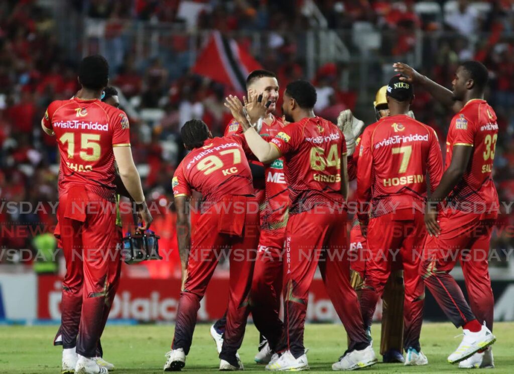 Trinbago Knight Riders celebrate a wicket against Barbados Royals, on September 27, 2024 during their Caribbean Premier League T20 match, at the Brian Lara Cricket Academy, Tarouba, Trinidad.  - Photo by Ayanna Kinsale 