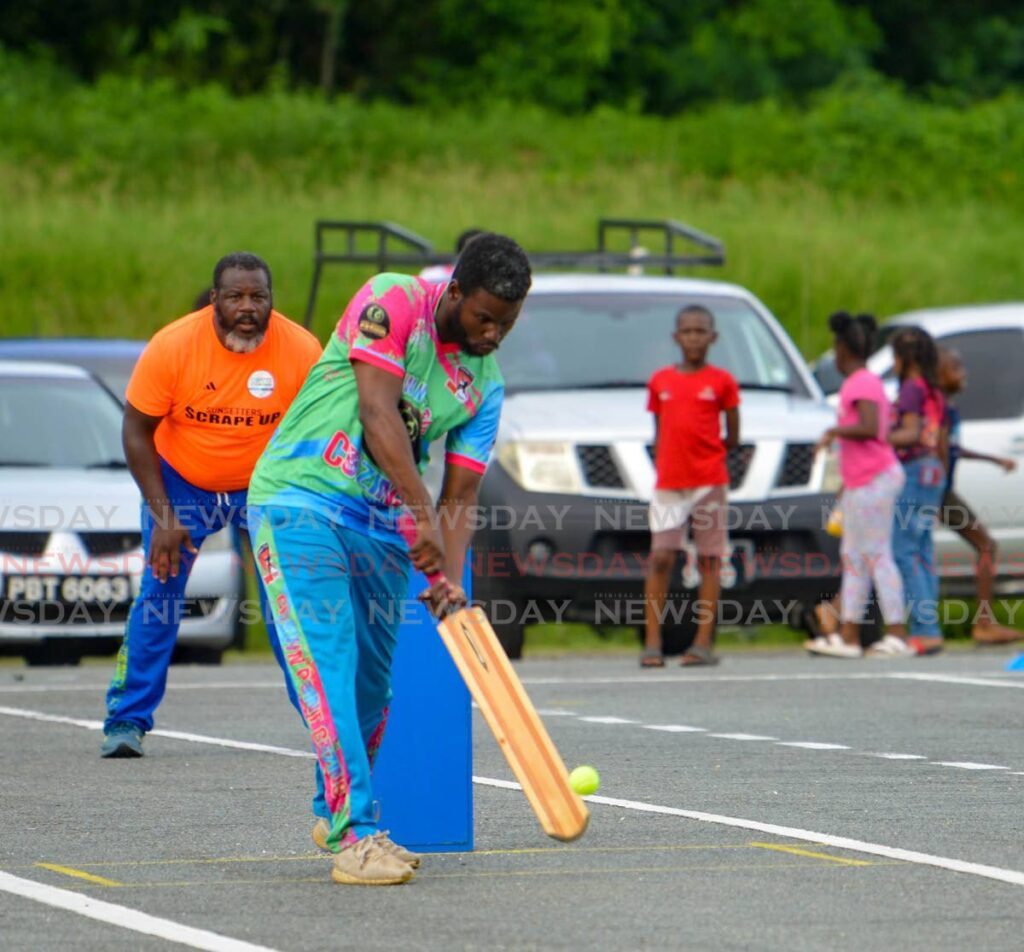 A Jade Monkey CP Cuzins batsman on the attack against Betsy's Hope Scrape Up on Sunday in the Tobago T10 Windball finals. - Photo by Visual Styles