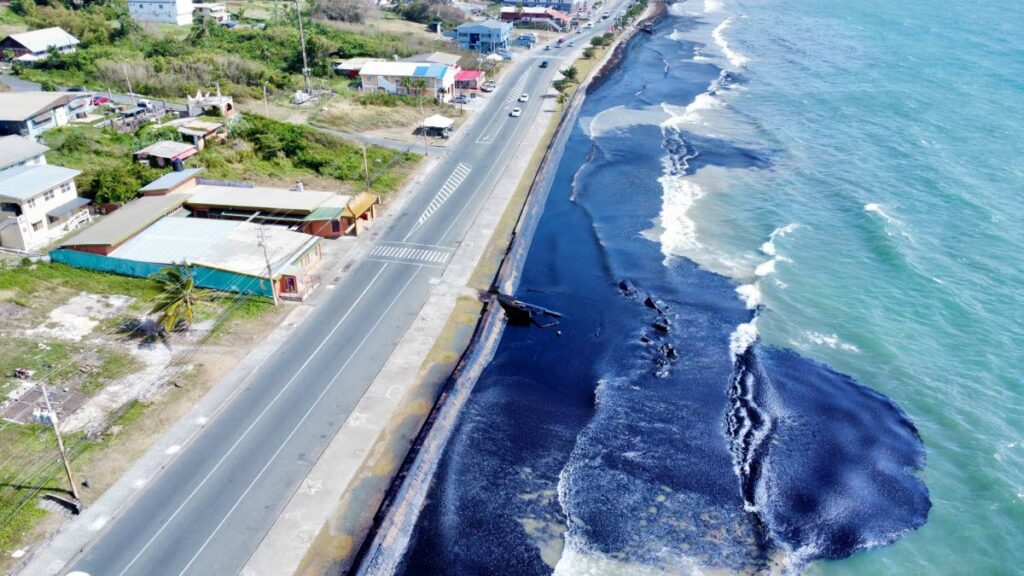 A drone photo taken on February 8 shows the extent of the damage caused to the coast of Scarborough, Tobago.  - File photo by Dayreon Mitchell