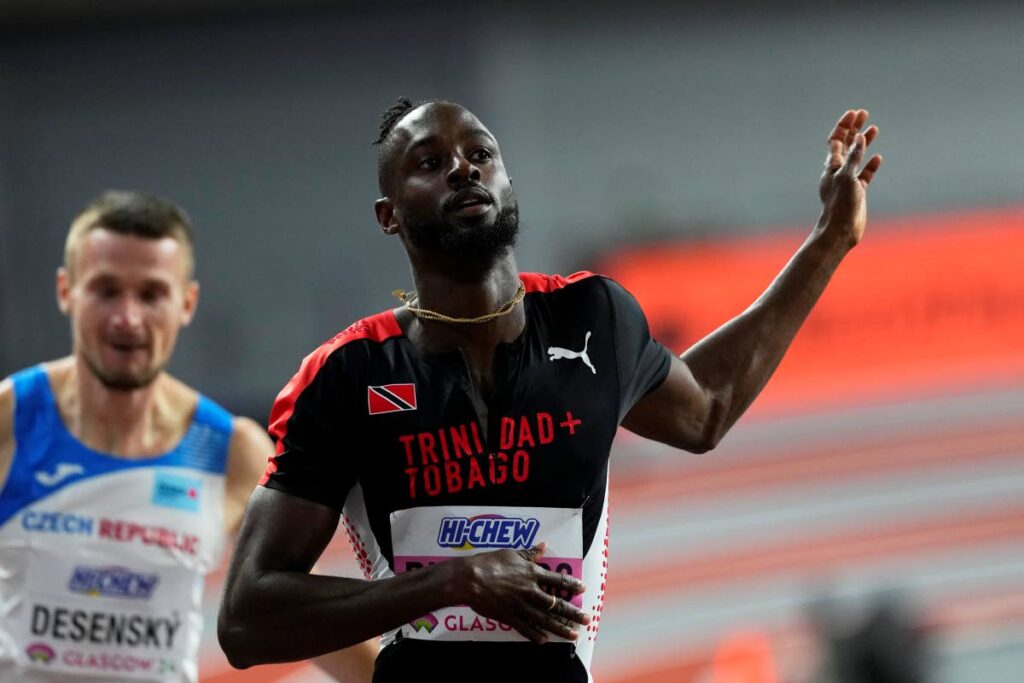 In this file photo, Trinidad and Tobago's Jereem Richards reacts after finishing a men's 400 metres heat during the World Athletics Indoor Championships at the Emirates Arena in Glasgow, Scotland, on March 1, 2024. - AP PHOTO