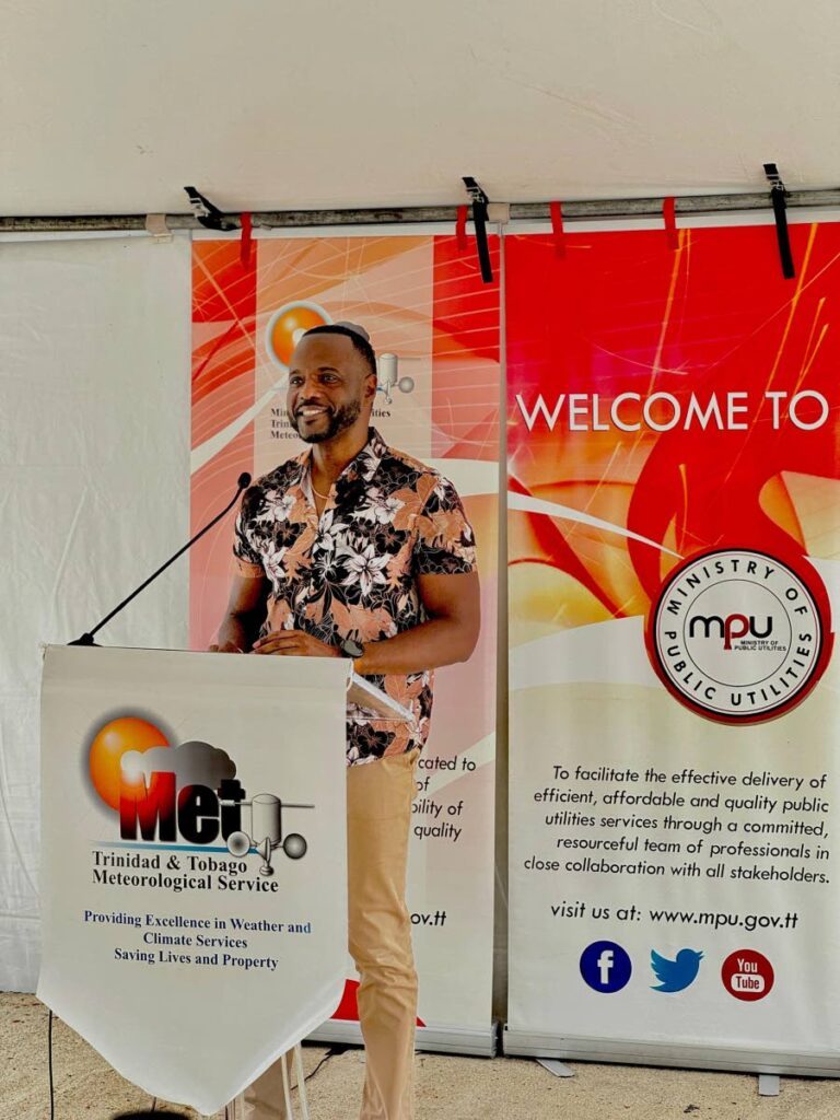 Minister of Public Utilities Marvin Gonzales speaking at the recommissioning of the Doppler Weather Radar in Brasso Venado. - 