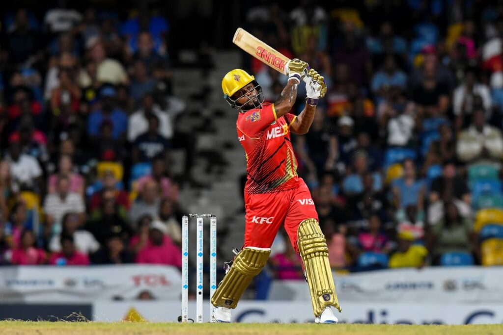 Terrance Hinds of Trinbago Knight Riders hits a six to win the Men's 2024 Republic Bank Caribbean Premier League match against Barbados Royals at Kensington Oval on September 13 in Bridgetown, Barbados. - Photo by CPL T20