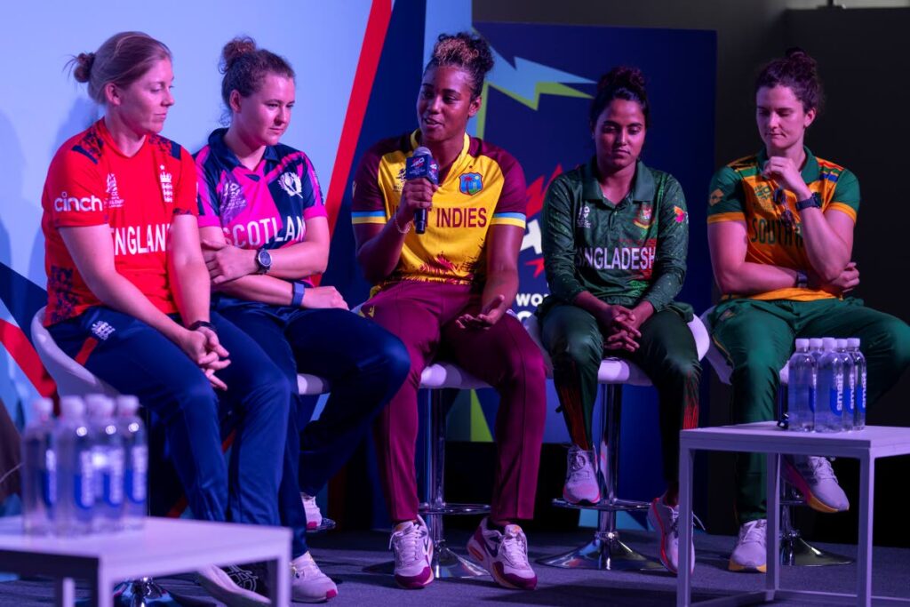 West Indies captain Hayley Matthews, centre, speaks during a special panel session featuring captains of the ten countries participating in the Women's T20 World Cup at Dubai International Stadium in Dubai, United Arab Emirates, on October. 2, 2024. (AP Photoi) - 