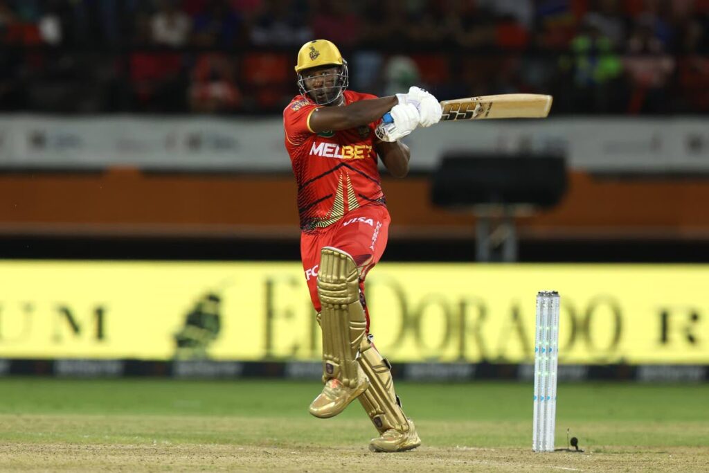 Trinbago Knight Riders’ Andre Russell bats during the 2024 Republic Bank Caribbean Premier League eliminator match against Barbados Royals at Providence Stadium on October 1, 2024 in Georgetown, Guyana. - (CPL T20)