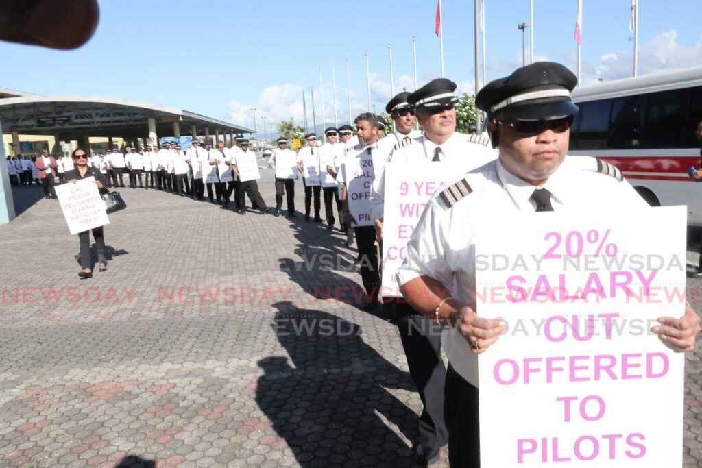 CAL pilots protest over stalled salary negotiations at Piarco International Airport on October 3. - File photo by Roger Jacob