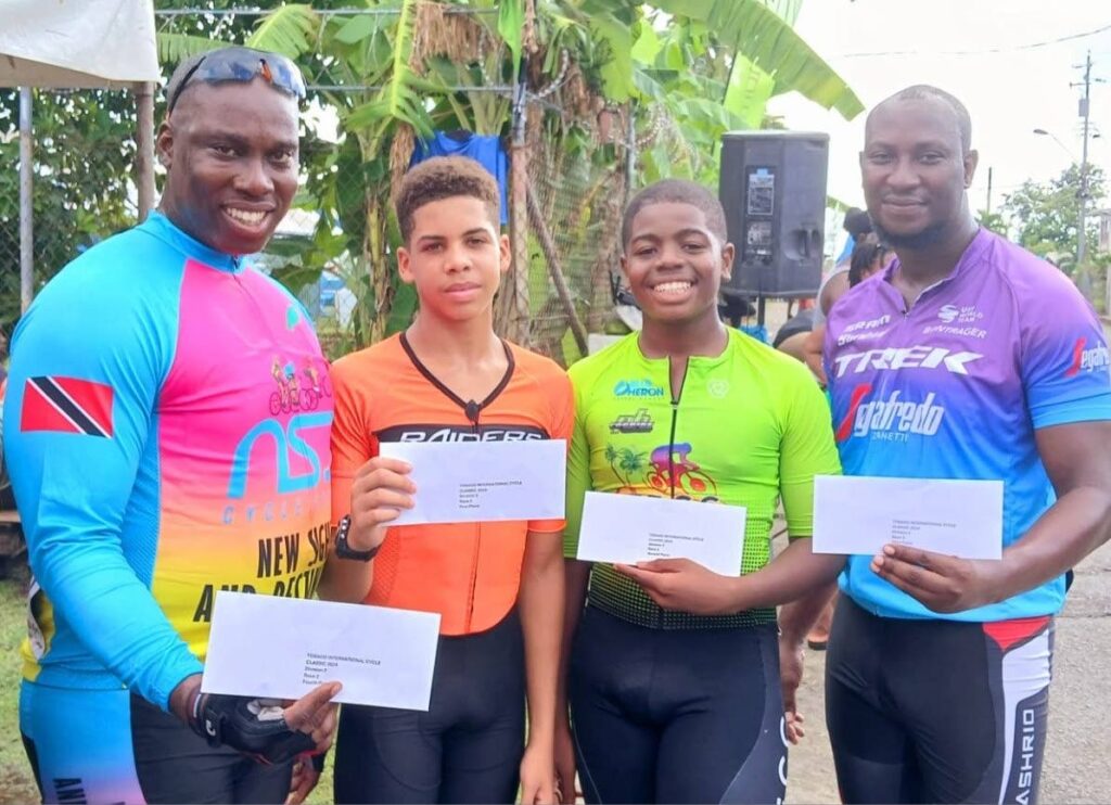 Lukas Clarke (second from left) topped division three, stage three of the Tobago International Cycling Classic (TICC) when he won the five-lap/5km Plymouth Criterium on October 4. Photo courtesy TICC.  - 